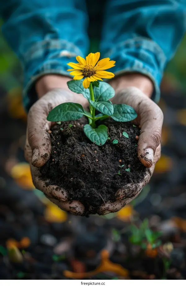 A farmer's hands holding a sunflower
