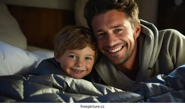 Happy caucasian father and son lying in bed together smiling
