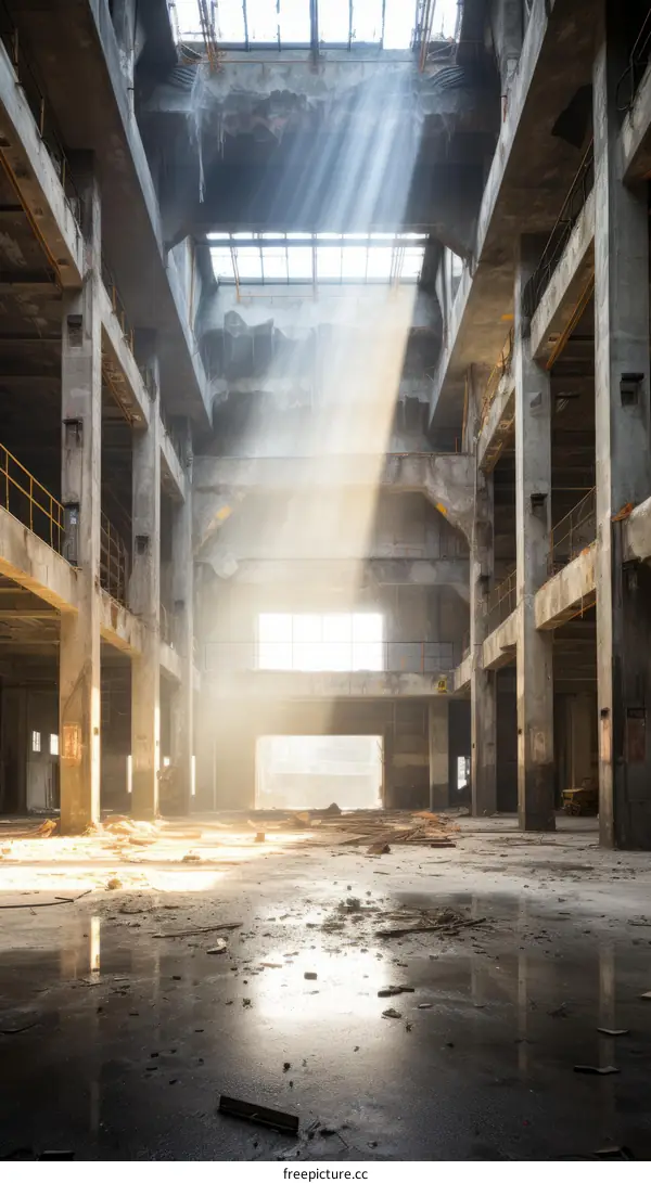 An abandoned factory building with sunlight shining through the roof