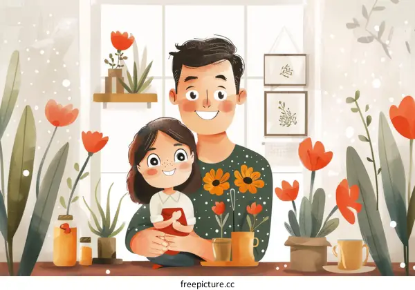 Father's Day illustration of a loving father and his cute daughter