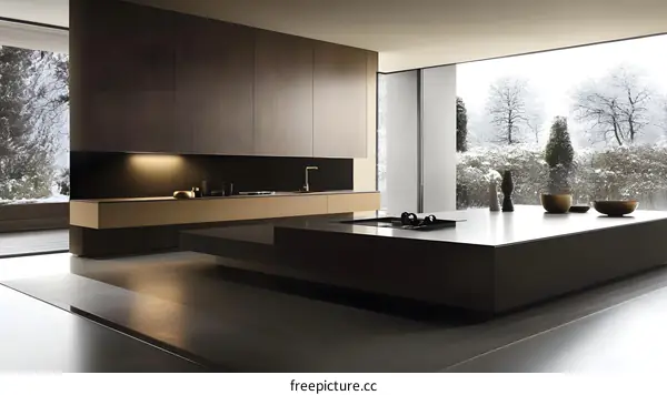 Modern Kitchen Design With Large Window and Wooden Cabinets