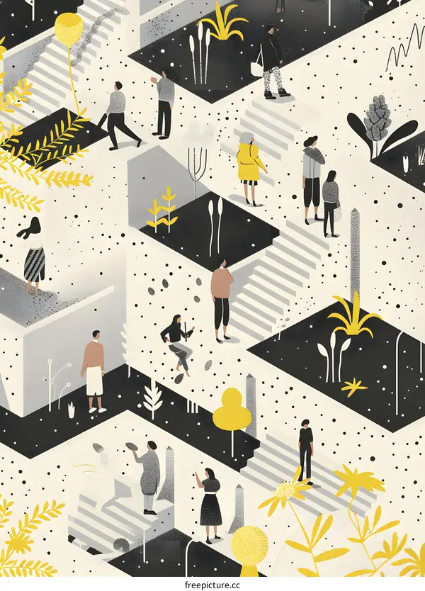 Abstract Illustration Of People Walking On Stairs In A Geometric Garden