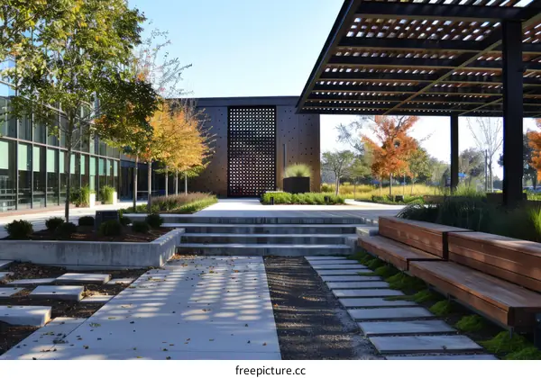 Modern Glass Office Building Facade with Trees