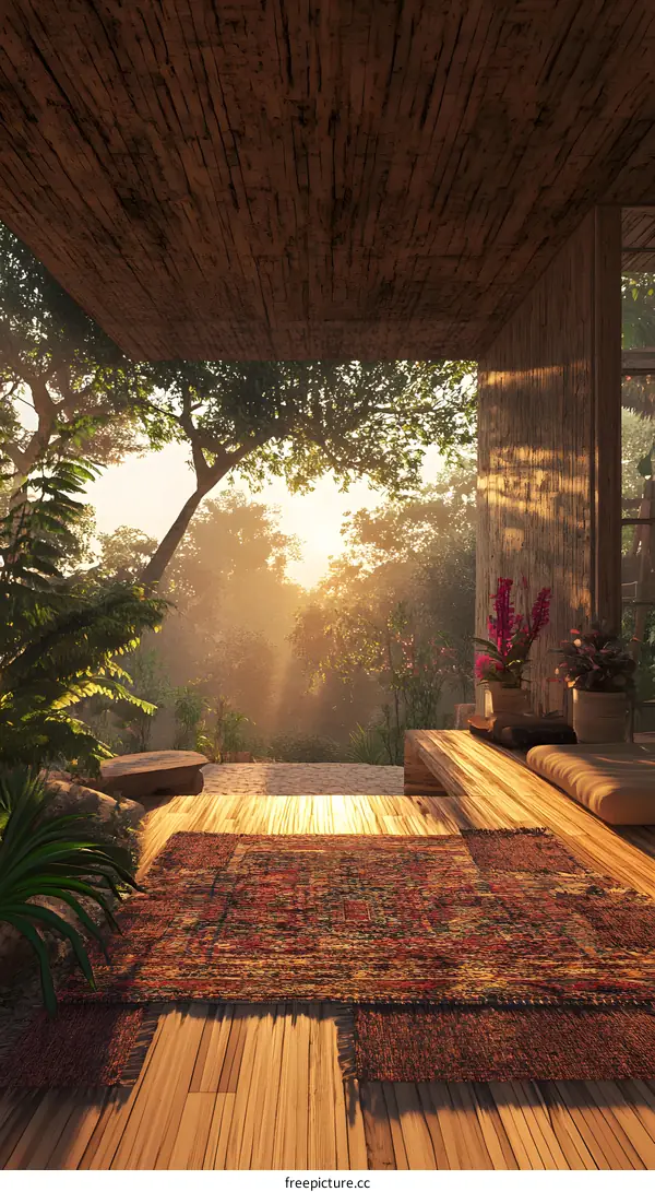 Wooden Terrace With Jungle View And Sunset