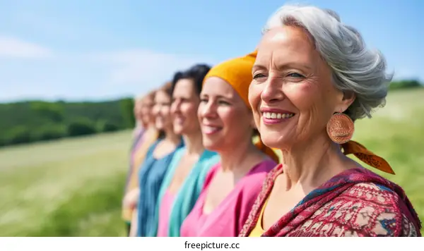 A group of diverse women standing in a field, smiling.