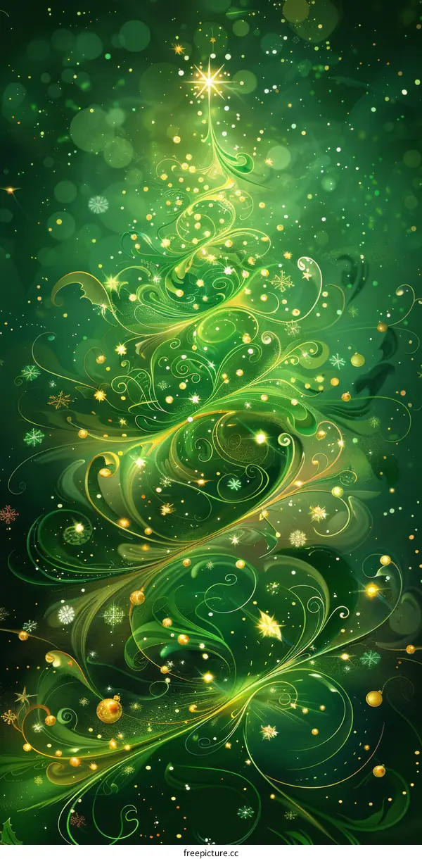 Christmas Tree Decorated with Gold and Green Ornaments