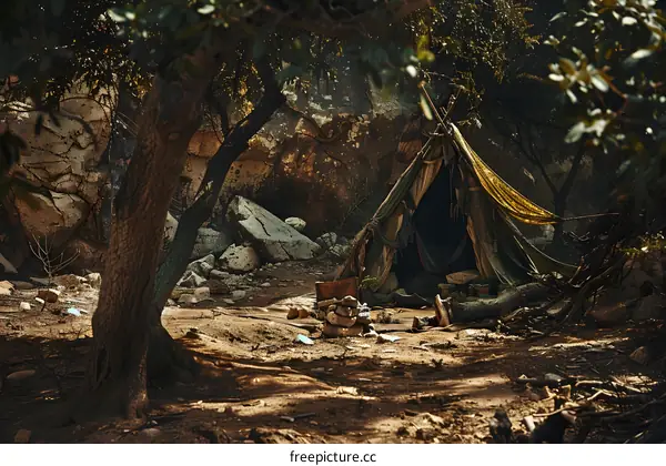 Tent in the Forest with Sunlight