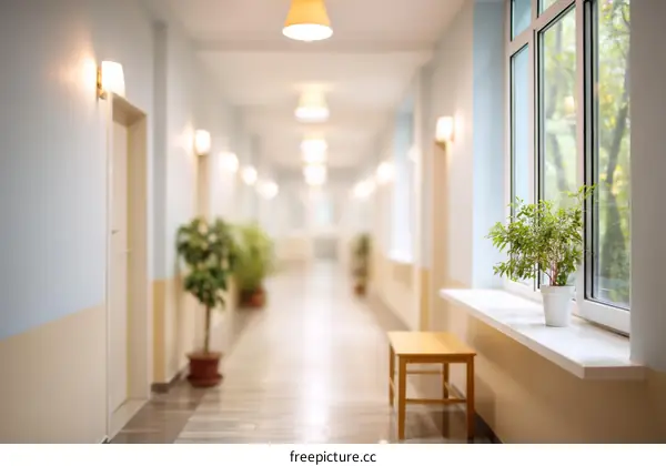 Empty School Corridor with Plants and Windows