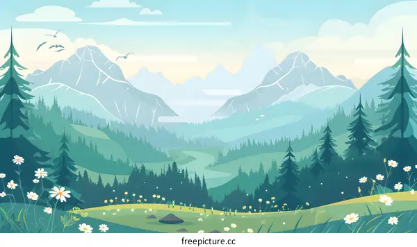 Green Meadow Mountain Landscape Illustration