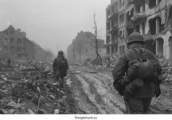 Two American soldiers walk through a destroyed German city during World War II