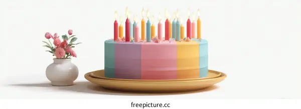 Colorful Birthday Cake with Candles and Flowers