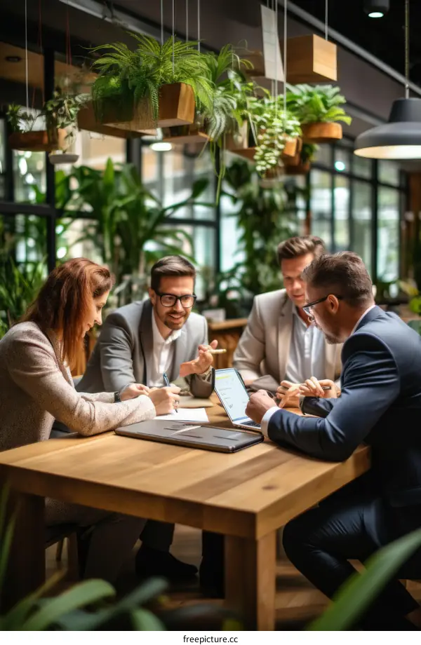 Four business people discussing ideas in a modern office