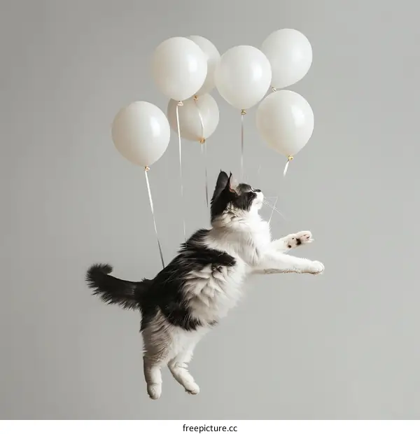 Cat floating with balloons