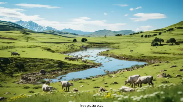 Grazing Cows in a Lush Alpine Meadow near a River with Snow-Capped Mountains