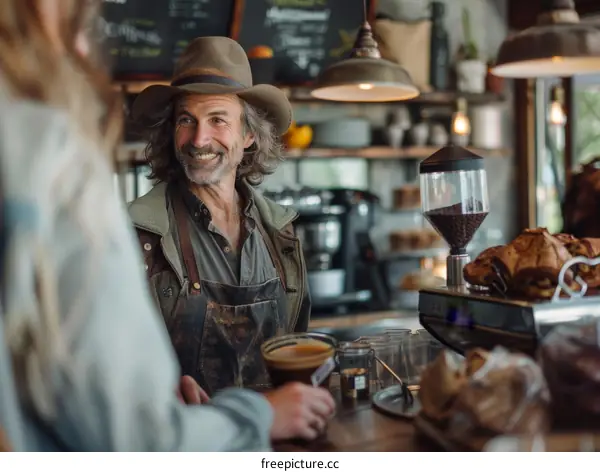 Bearded man wearing a brown hat smiles at a customer