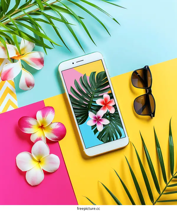 Flat Lay of Summer Essentials with Smartphone, Sunglasses, Flowers, and Palm Leaves