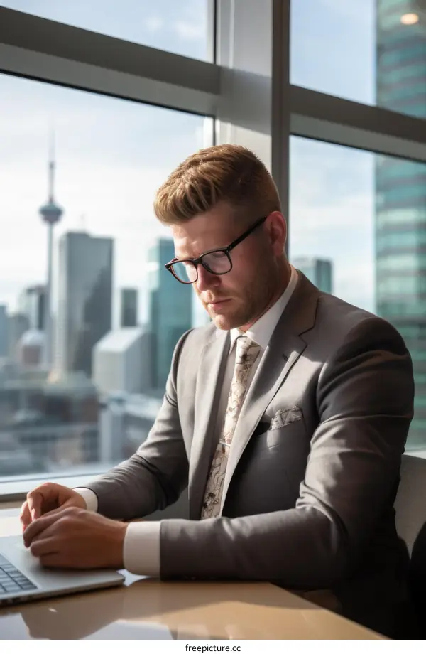 Businessman working on laptop in modern office with city view