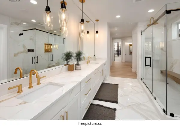 Modern Luxury Bathroom with Marble Countertop and Glass Shower