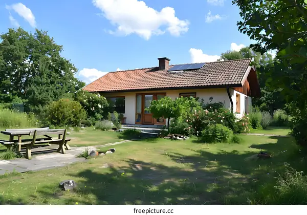 Small House with Red Roof and Solar Panels in a Green Garden