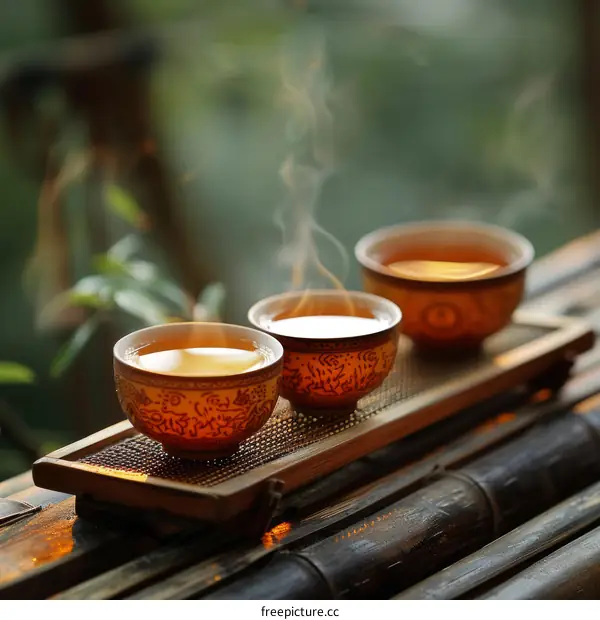 Three Chinese Teacups Filled with Tea on a Bamboo Tray
