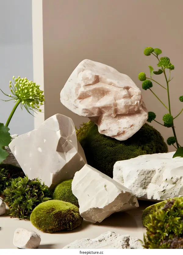 Abstract Minimalist Still Life with Rocks and Green Moss