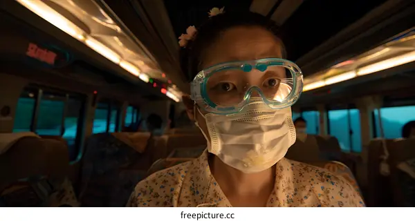 Asian Woman Wearing Protective Gear on a Bus