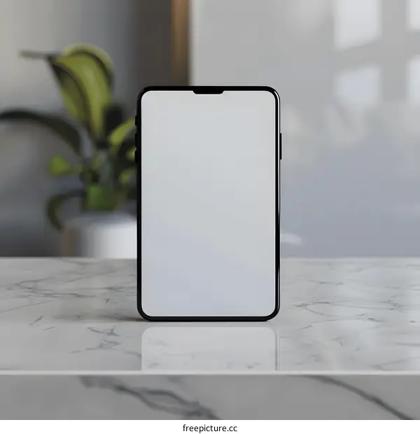 Black Smartphone Mockup on White Marble Table