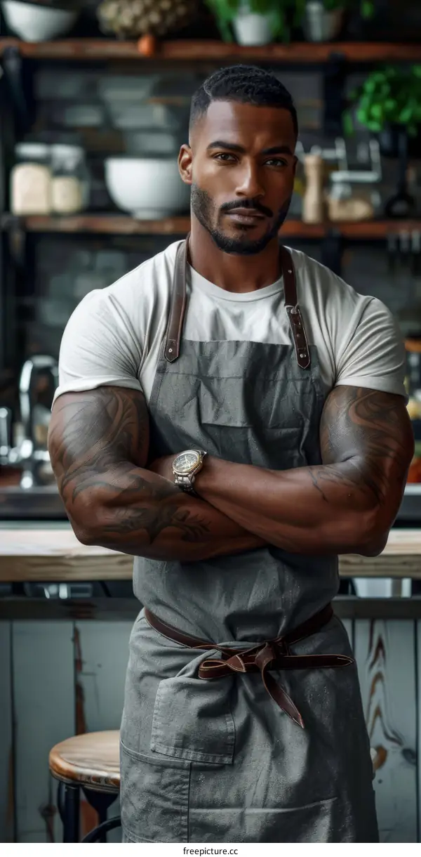 A handsome black man wearing an apron is standing in a kitchen.