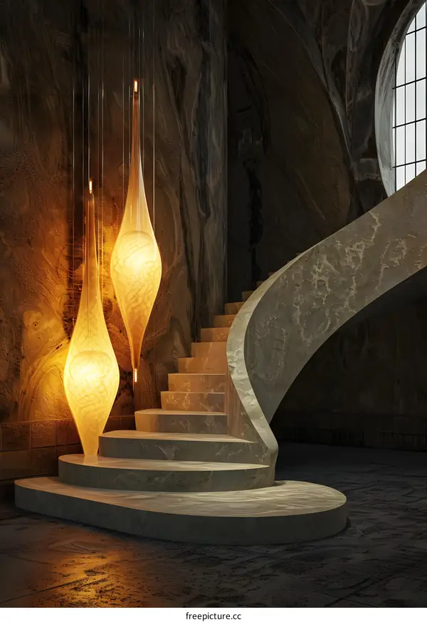 Modern Architecture Interior Design with Spiral Staircase and Hanging Lights