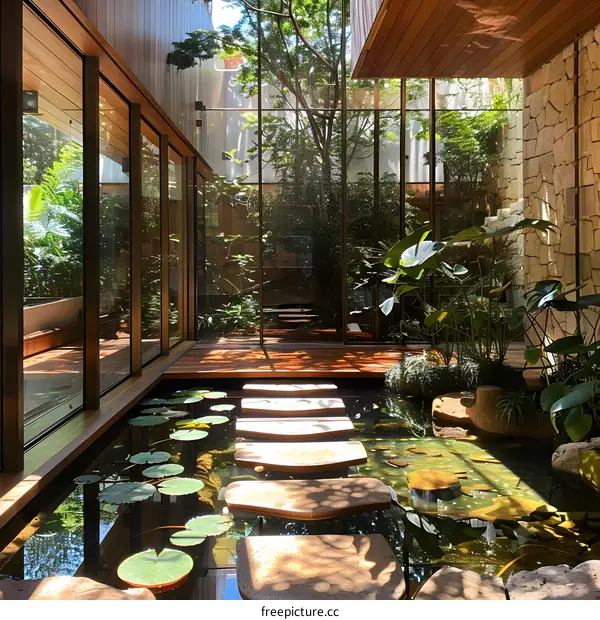 Indoor garden with lily pond and stone path