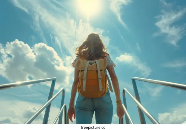 Young woman with backpack walking up the stairs to the airplane