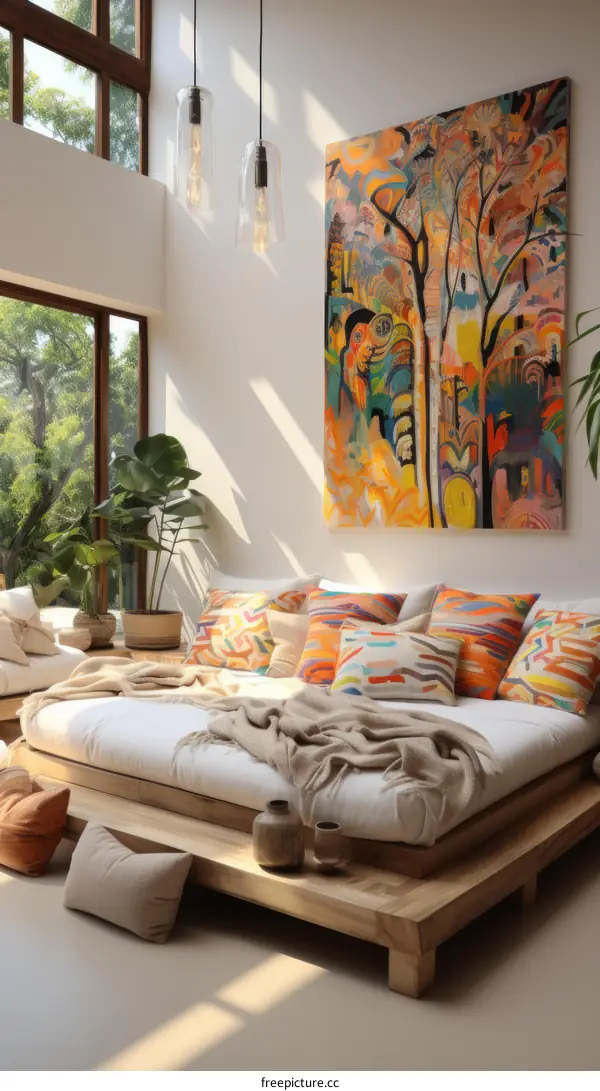 A cozy living room with a tall tree painting invigorating the space