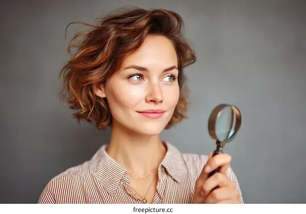 Woman Holding Magnifying Glass, Thoughtful Expression