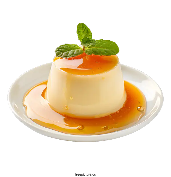 [Transparent Background PNG]creme caramel dessert with mint