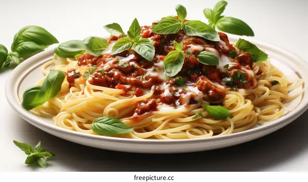 A Plate of Spaghetti with Basil and Tomato Sauce