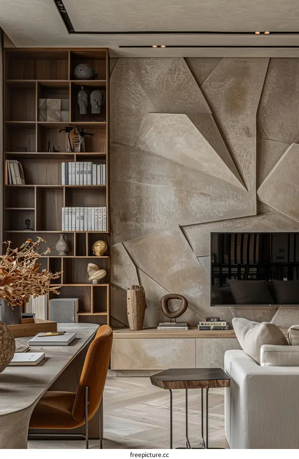 Modern and stylish living room design with wood and stone