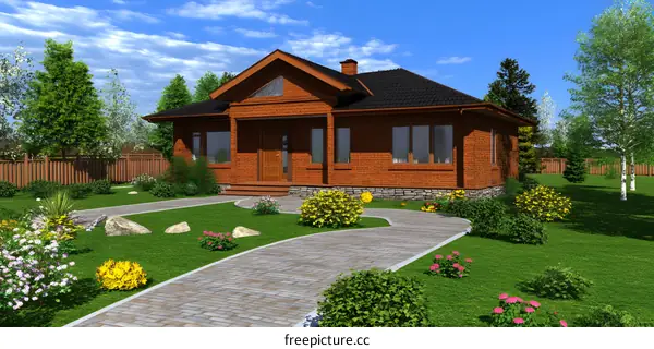 Modern Brick House with Stone Walkway and Lush Greenery