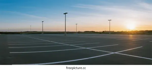 Empty parking lot under a clear sky during sunset