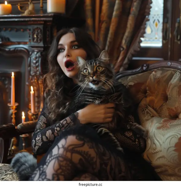A surprised woman in a black dress holding a cat