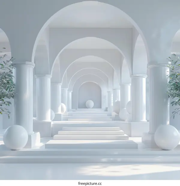 White Minimalist Architectural Space with Arches and Podium