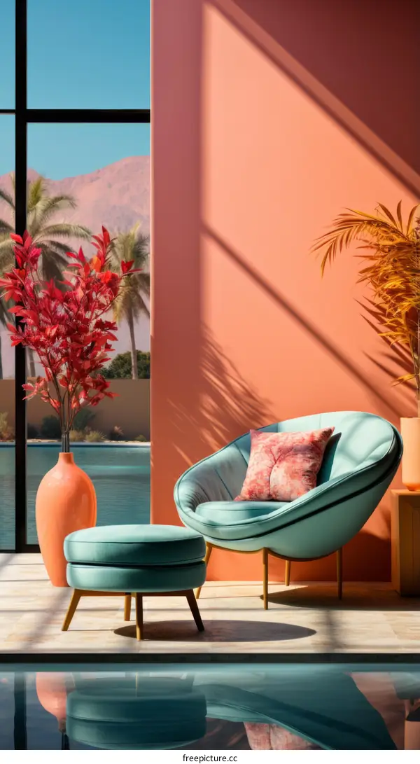 Modern Living Room with Blue Velvet Chair and Pink Cushion
