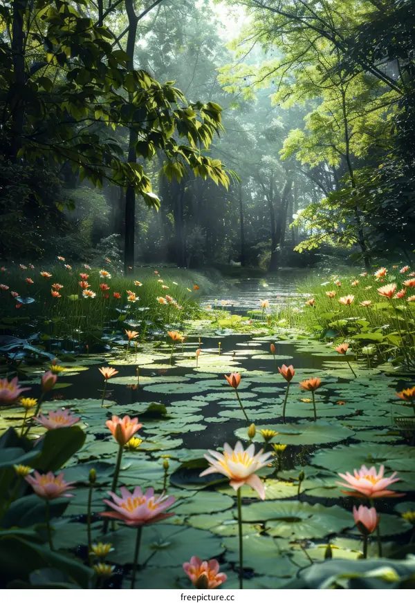 Water Lily Pond in Tranquil Forest