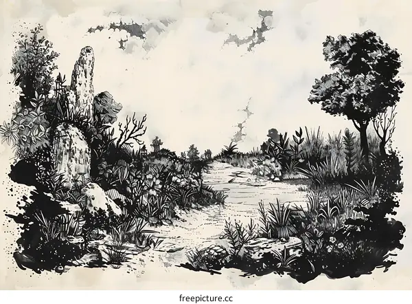 Black and White Ink Illustration of a Path Through a Forest