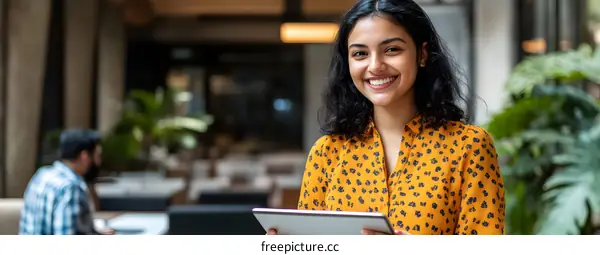 Smiling Indian Woman Using Tablet in a Cafe
