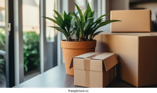 Cardboard boxes and a potted plant on a table