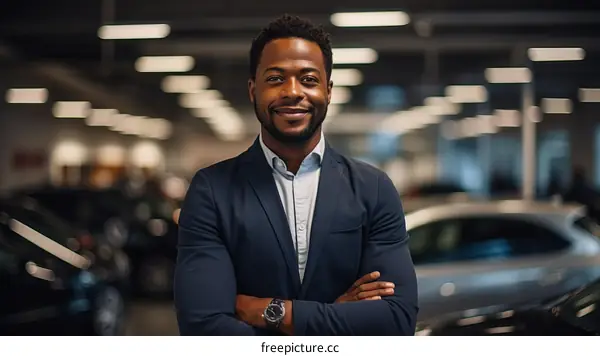 Portrait of a successful African American businessman in a suit standing in a car dealership showroom