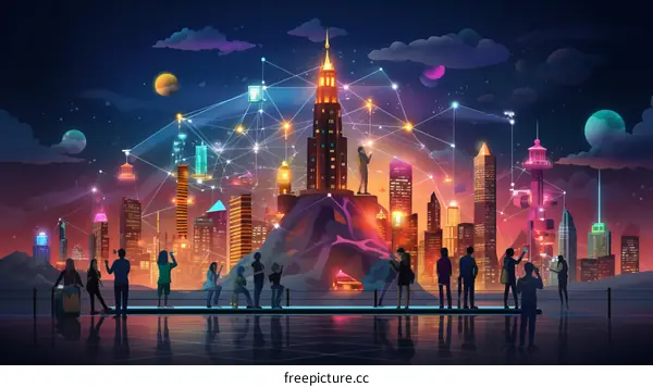 People looking at a futuristic city with a large tower in the center