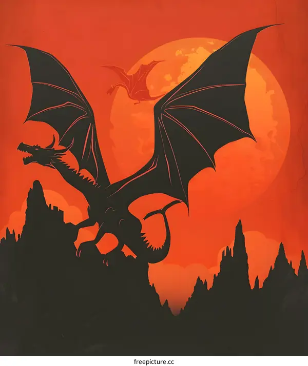 Fantasy Dragon Silhouette With Red Sky And Mountains