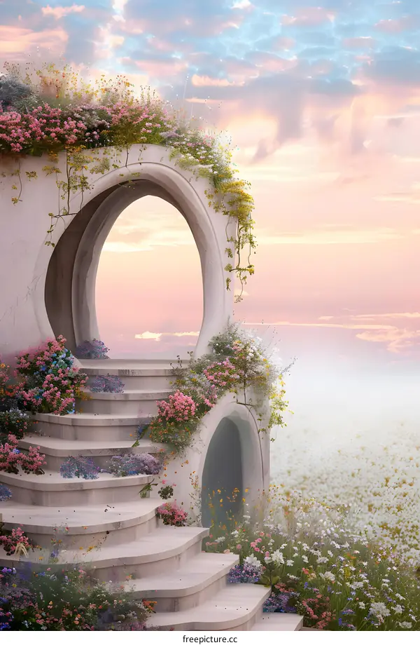 Stone Archway with Flower Garden and Stairs at Sunset