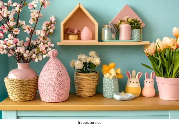 Pastel Colored Spring Decor on Wooden Shelf